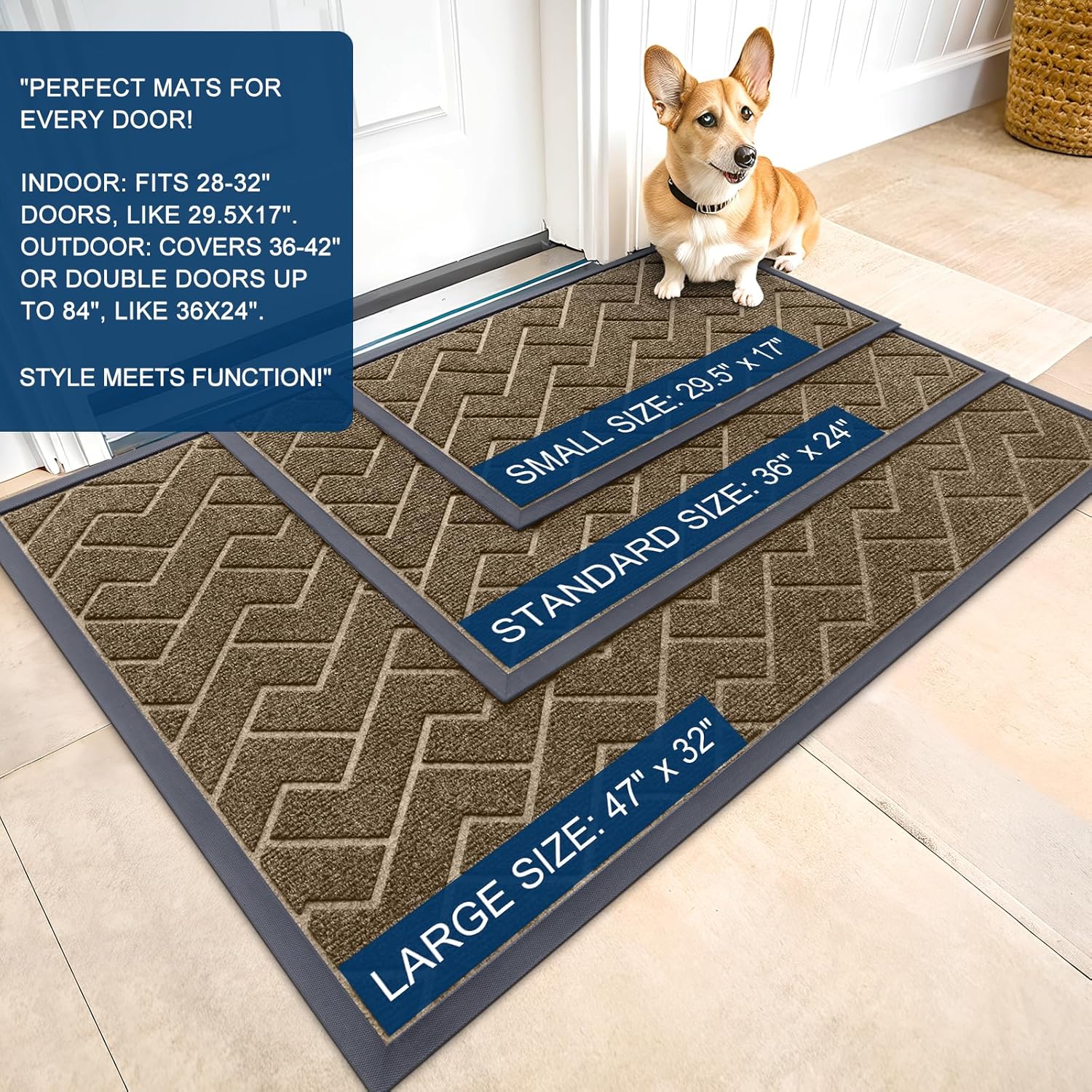OLANLY Waterproof All-Season Front Door Mat - Sturdy Natural Rubber, Low Profile, Herringbone Brick (Brown, 71x47)