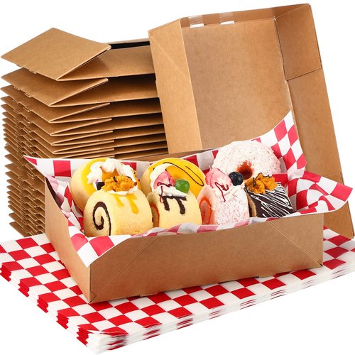 Laumoi 50 Set Kraft Paper Food Tray with Checkered Wrapping Paper Brown Greaseproof 4 Corner Pop up Paperboard Food Box Disposable Foldable Cardboard Trays for Party Theater Movie Night