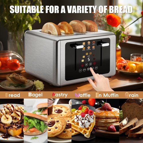 Whall 4-Slice Smart Toaster with Touchscreen & Extra-Wide Slots, Dual Independent Control, 6 Browning Levels & 6 Bread Types, Memory Function,Countdown Timer, Ideal Kitchen Gift,Silver