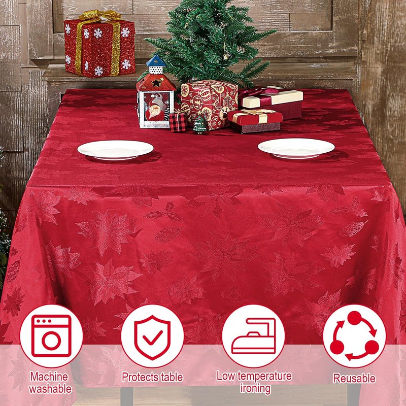Tegeme Christmas Poinsettia Red Tablecloth Rectangular Reusable Holiday Damask Fabric Table Cloth Jacquard Washable Polyester Spillproof Table Cover for Dinner Xmas Decor(60 x 104 Inch)