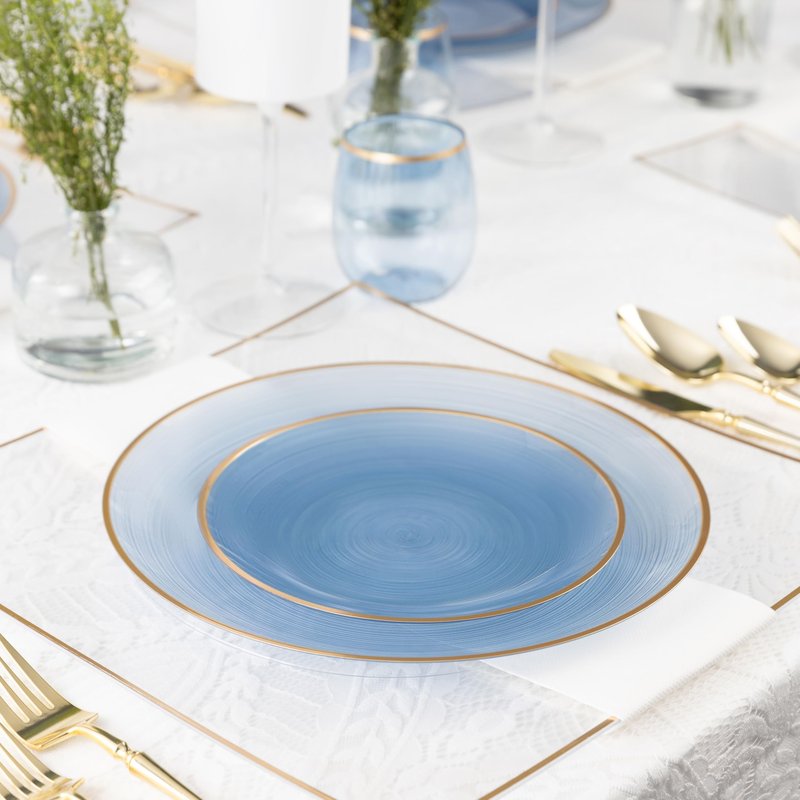 PLASTICPRO 128 Pieces Crystal Design Plastic Plates Combo Pack 7 inch and 10 inch Gold Rim Elegant Disposable Plates, Transparent Blue