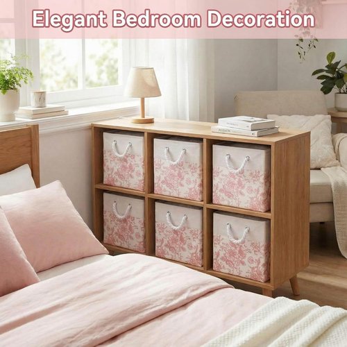 LemonRoad Pink Floral Cube Storage Bins - 6 Pcs Collapsible Fabric Organizers | 11.22 Inch Square Baskets