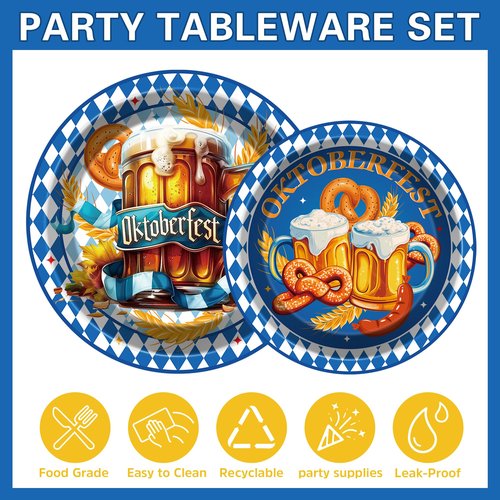 VorkiVecKi Oktoberfest Party Supplies Plates - 96 Pcs Bavarian Paper Plate Set Napkins Forks Tableware Disposable Serving, Blue Flag Check Party Decorations for Men German Beer Festival Celebrations
