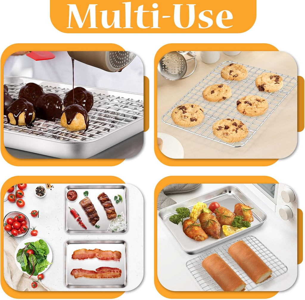 TeamFar Stainless Steel Toaster Oven Pan Set - 9 x 7 Inch Mini Baking Tray with Rack | Heavy-Duty & Dishwasher Safe