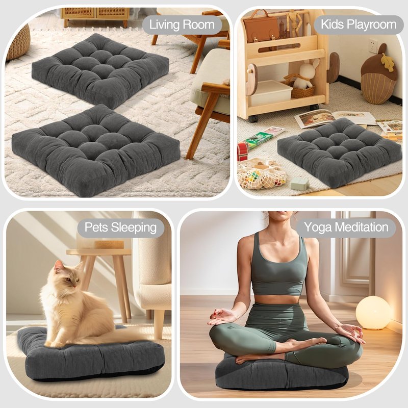 PAROLL Floor Pillow Cushions for Adults Sitting Large Big Pillows for Floor Seating Square Memory Foam Thick Tufted, 22 x 22 Inch, Set of 2, Dark Grey