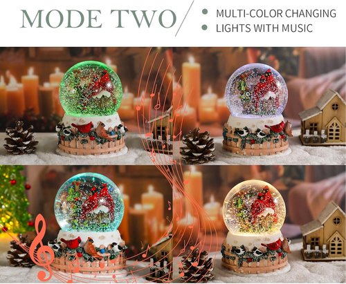 Bdor Christmas Cardinal Snow Globe - LED Lights & Music | 4.53" x 4.53" x 5.51" | 2 Modes: Color Changing & Warm Glow