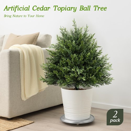 petalyn 28" Artificial Cedar Topiary Ball Trees with Spike, Set of 2 Faux Cedar Bushes, UV Resistant Fake Shrubs, Artificial Cypress Topiary Outdoor Plants for Indoor&Outdoor Front Porch Garden