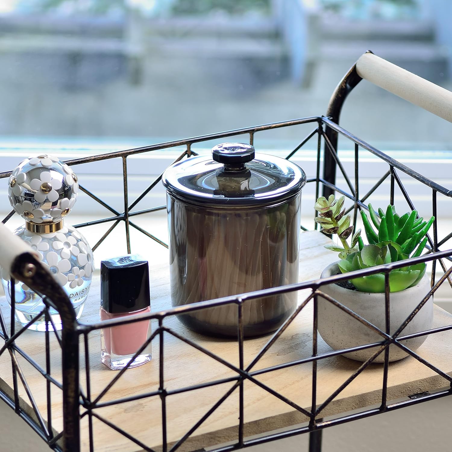 Youngever Apothecary Jars - Black Plastic Qtip & Cotton Swab Holder | Bathroom Vanity Organizer (15 oz, 2 Sets)