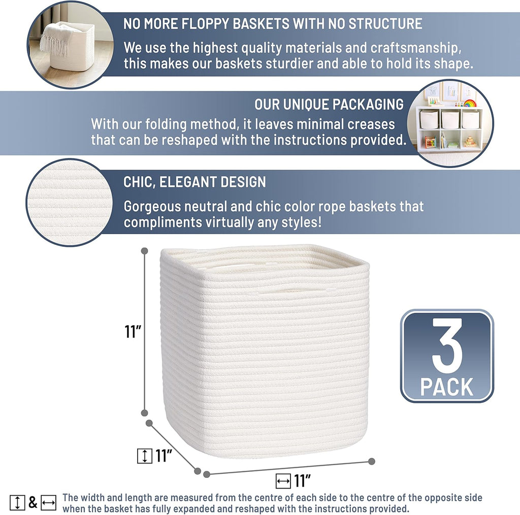 NaturalCozy Storage Cubes - 11-Inch Cotton Rope Woven Baskets, 3-Pack | Perfect for Organizing Toys & More