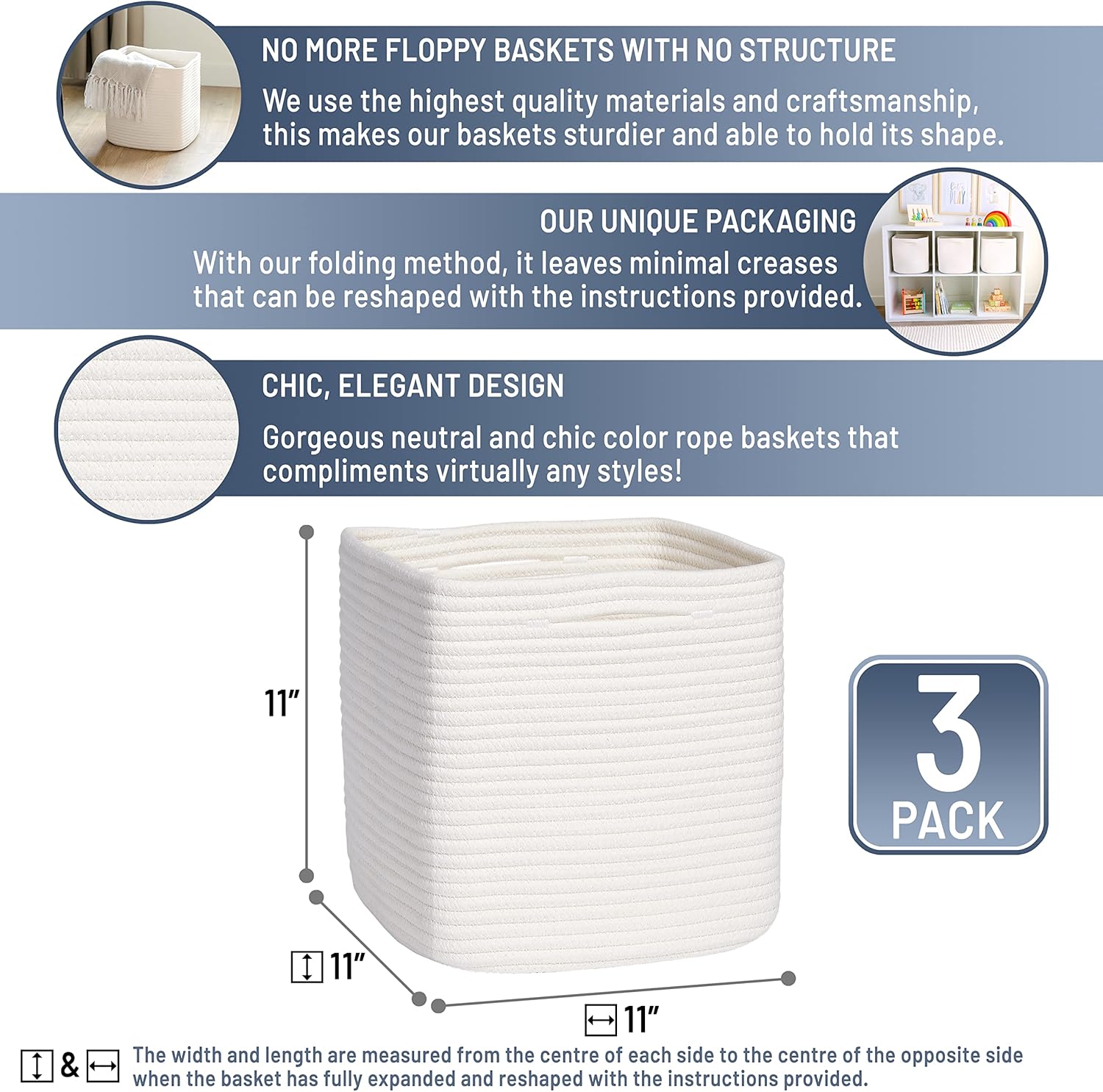 NaturalCozy Storage Cubes - 11-Inch Cotton Rope Woven Baskets, 3-Pack | Perfect for Organizing Toys & More