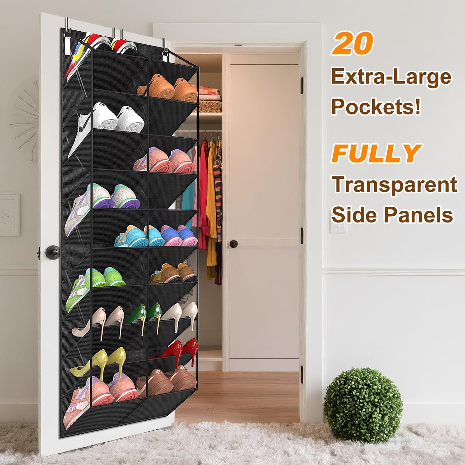 UVIAHOMI Over The Door Shoe Organizer - 10-Tier Clear Pocket Storage for Sneakers, Boots & Heels - Black