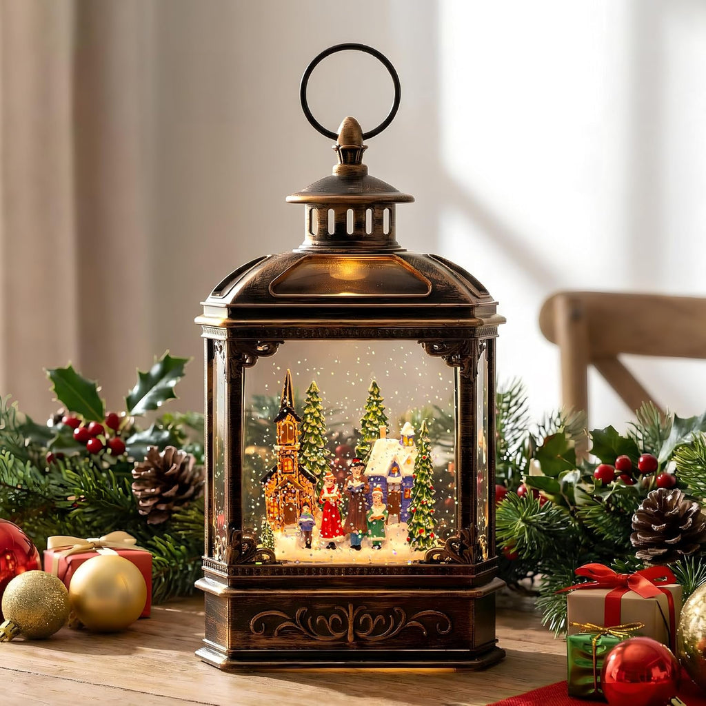VISFLAIR Musical Snow Globe Lantern | Lighted Church Carolers Christmas Decoration - Battery or USB Powered