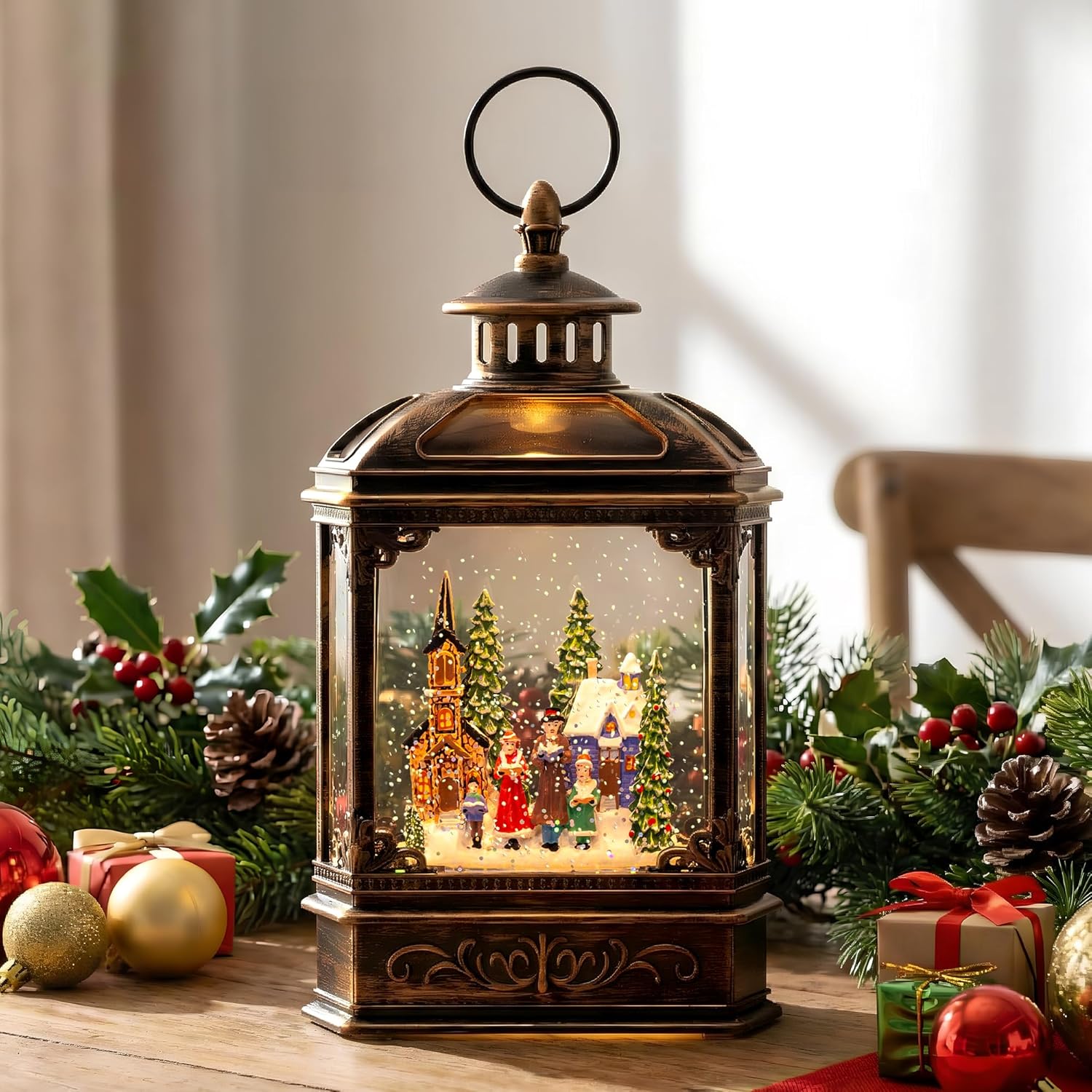VISFLAIR Musical Snow Globe Lantern | Lighted Church Carolers Christmas Decoration - Battery or USB Powered