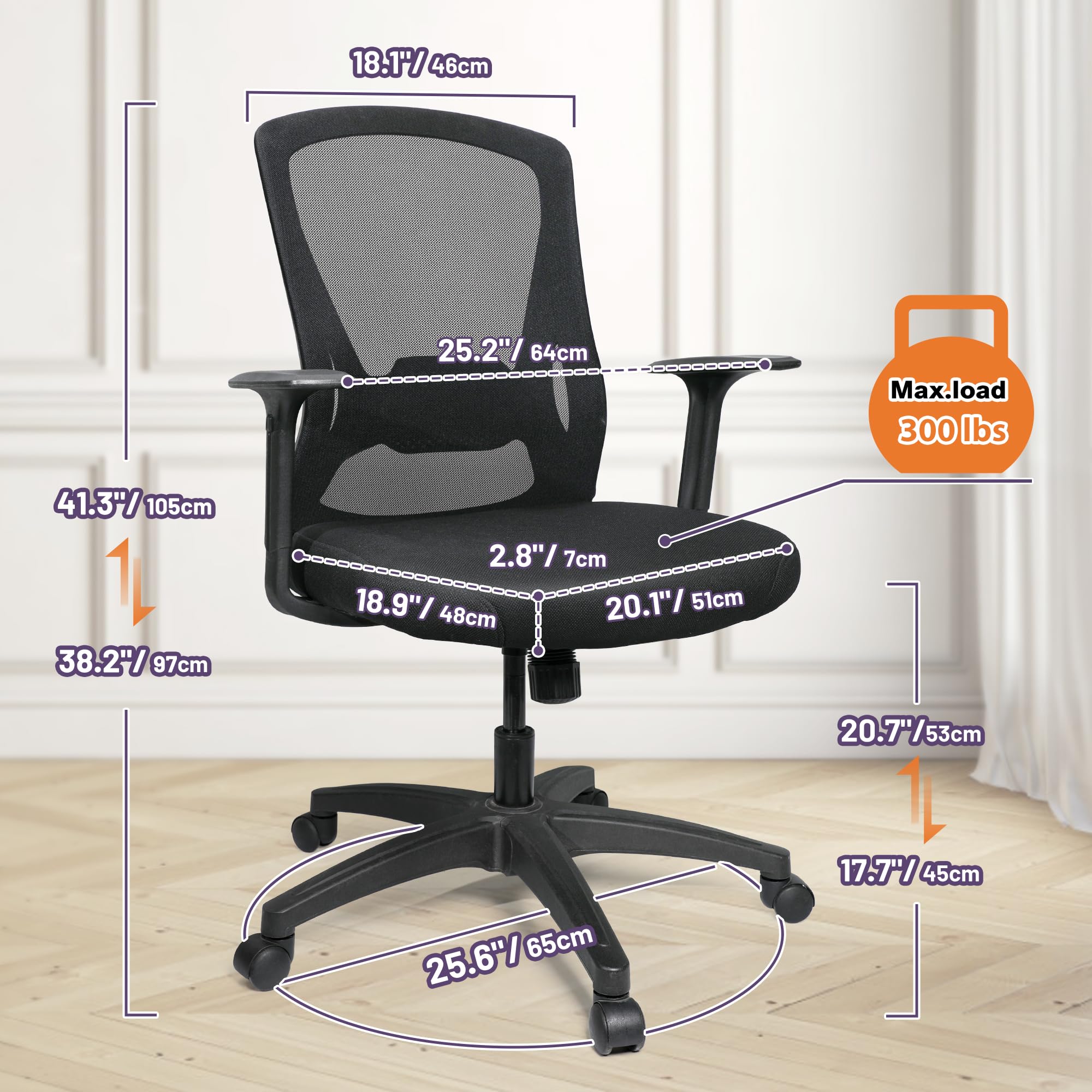 Ergonomic Rolling Comfy Computer Office Desk Task with Removable Armrests Adjustable Height for Big People Home Study Work