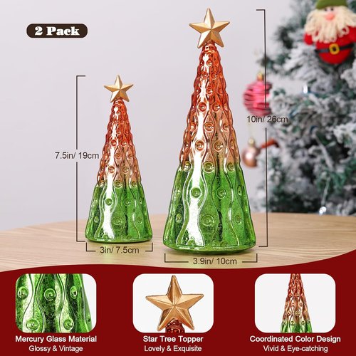 Lewondr Glass Christmas Trees - 2 PCS Mercury Tabletop Lamps with Built-in Lights | Green & Gold Decor