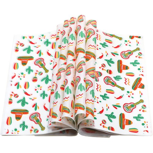 Epakh 300 Pcs Mexican Themed Deli Paper Sheets 12" x 12" Fun Style Tissue Greaseproof Microwave Safe Sandwich Wrapping Paper Food Waxed Baking Wrapping Packaging for Restaurant Burrito (White)