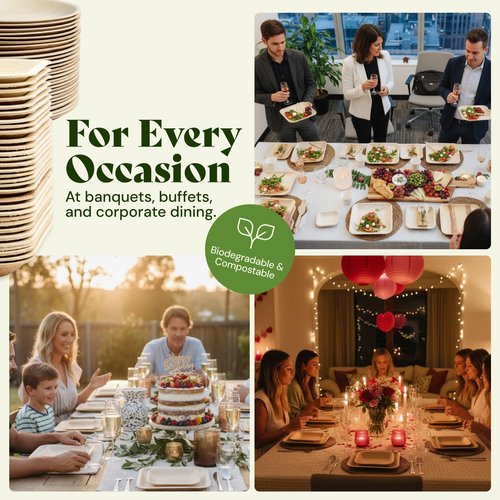 Chic Leaf Palm Leaf Compostable Plates - 6" Square, Pack of 50 - Disposable Dinnerware for Valentine's day, Rustic Bamboo Appetizer Plates, Romantic - Charcuterie Boards & Biodegradable Serviceware