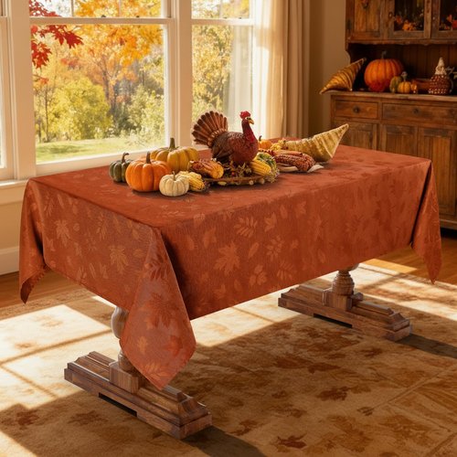 Smiry Rectangle Tablecloth, 60x102 Inch Waterproof Damask Table Cloth, Leaves Patterns Fabric Jacquard Table Covers for Parties, and Holiday Dinner, Rust
