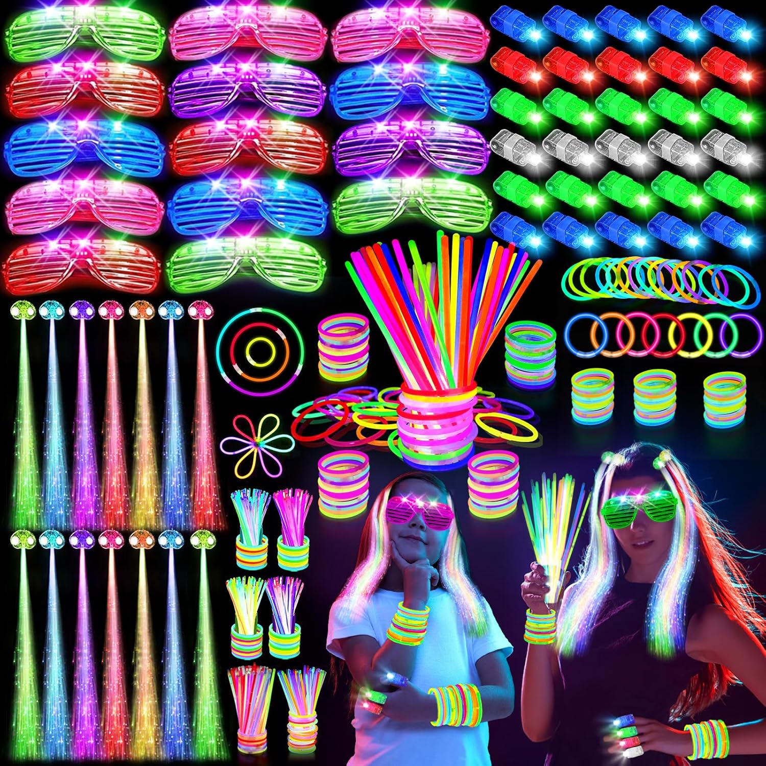 SHQDD Glow in the Dark Party Supplies - 158 PCS LED Glasses, Finger Lights & Glow Sticks | Neon Favors for Events
