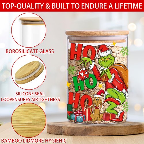HGIK Christmas Cookie Jar with Lids, Christmas Kitchen Decor 3 Pack Glass Storage Jars, Xmas Decorations Canisters Sets with Airtight Bamboo Lid for Countertop, Clear Glass Storage Jars