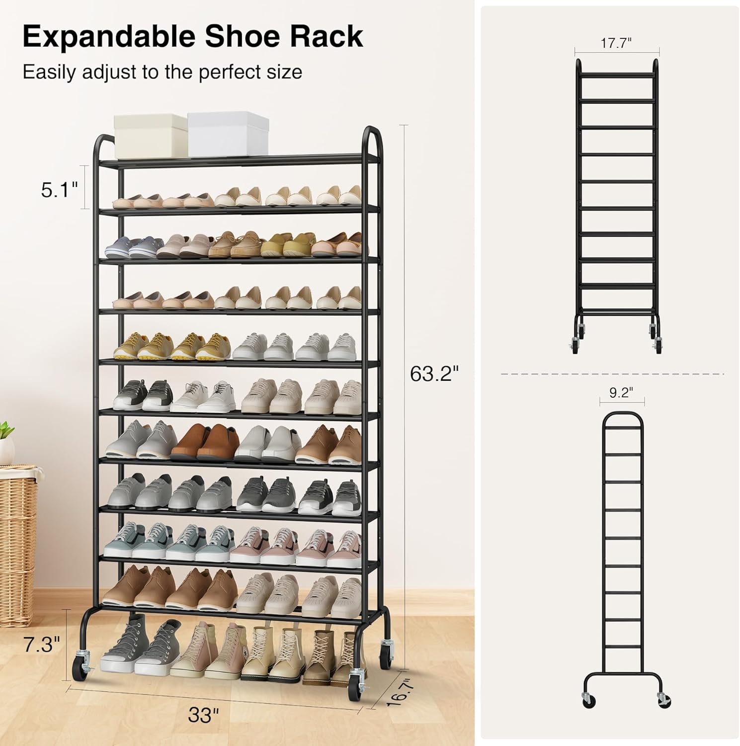 STO STO Expandable Shoe Rack - 10-Tier Metal Organizer for Up to 44 Pairs | Adjustable Storage in Black