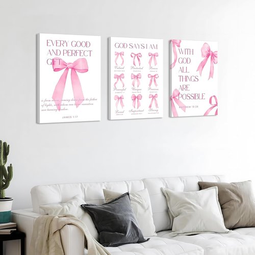 Coquette Pink Bow Wall Art - Inspirational Bible Verses Canvas Posters | Set of 3, 12x16 Inch Decor for Teen Girls