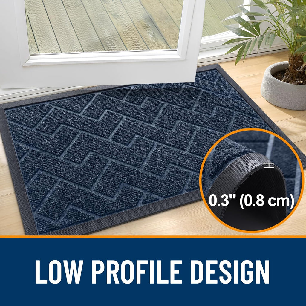 OLANLY Waterproof All-Season Front Door Mat - Sturdy Natural Rubber, Low Profile, Herringbone Brick Design (Blue, 36x24)