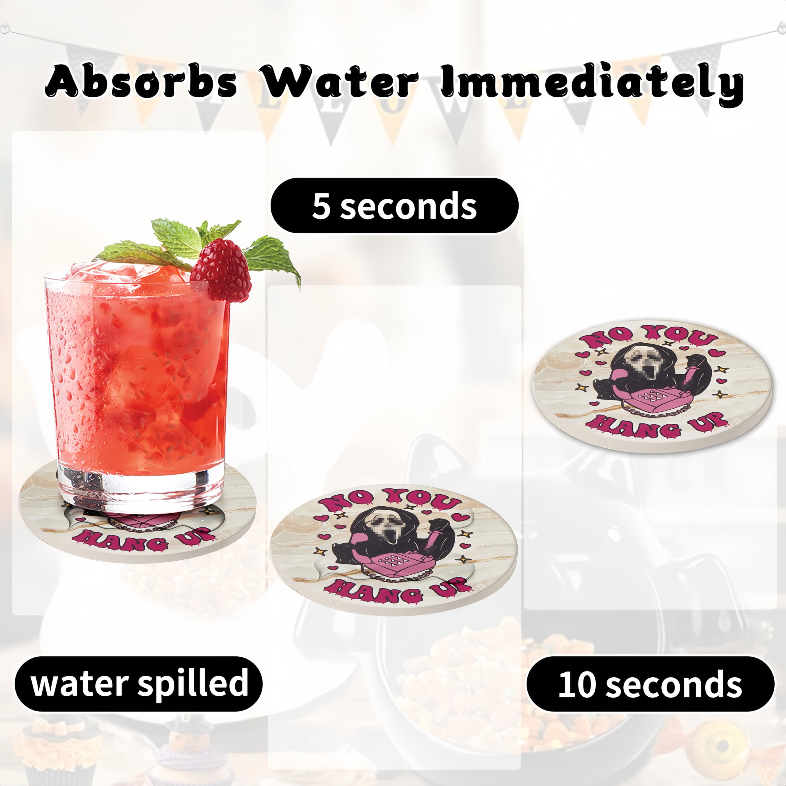 Scary Halloween Decor for Kitchen and Home,Spooky Character Stone Cork Coasters for Coffee Table Drinks,6 Pcs Scary Killer Coaster Set with Holder,Scream Themed Gift and Party Decor