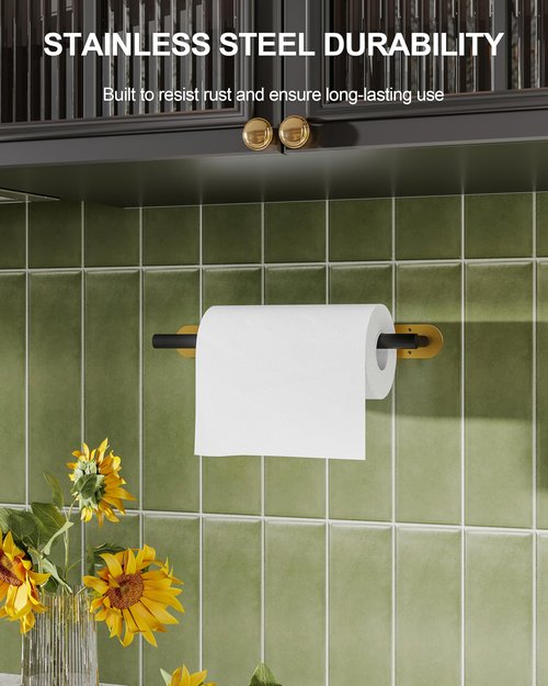 WZKALY Paper Towel Holder Under Cabinet Black and Gold, Self Adhesive or Wall Mounted SUS304 Stainless Steel Paper Towel Holder for Kitchen, Bathroom, Farmhouse, Barbecue and Laundry (Black&Gold)