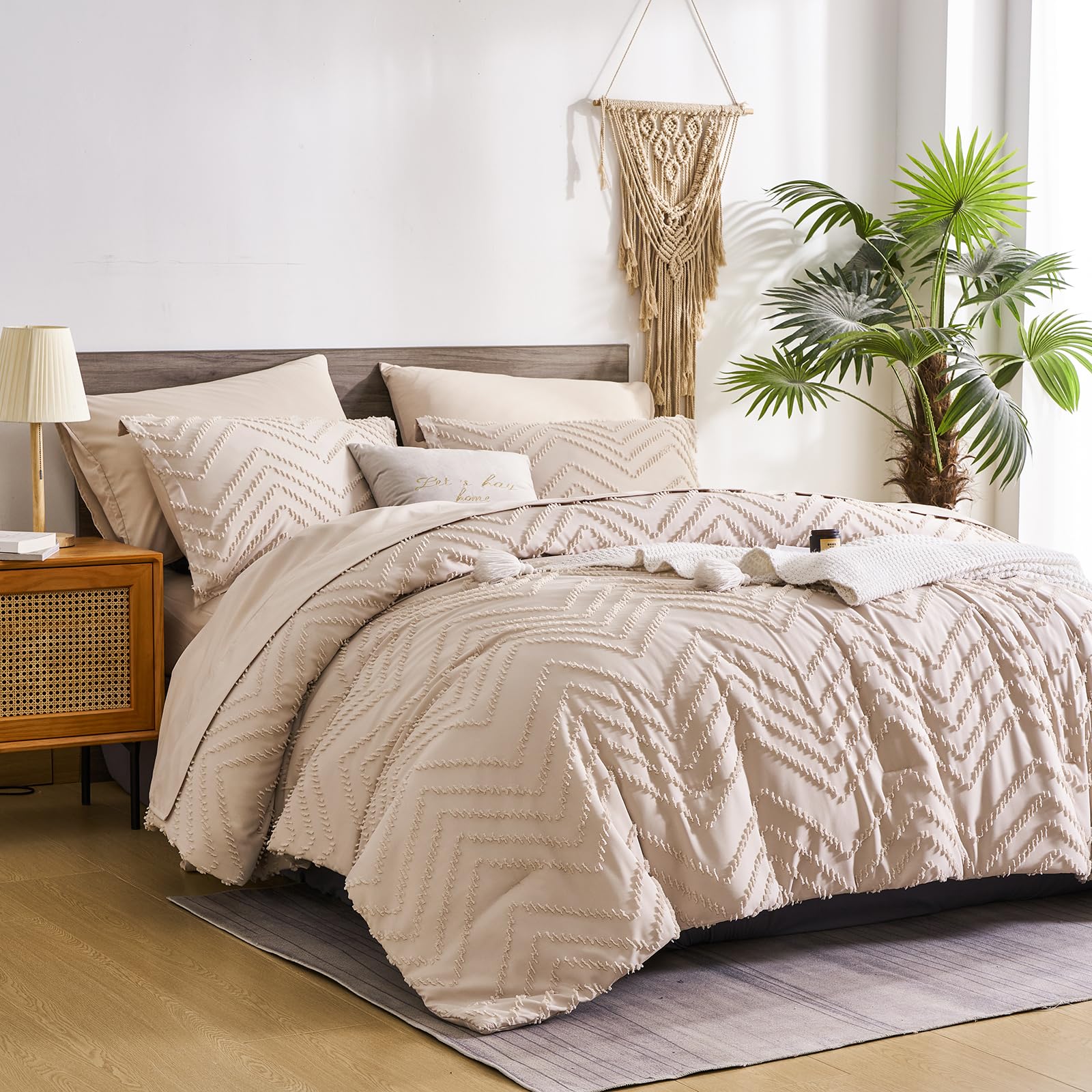 FLYMME Khaki Queen Comforter Set with Sheets,Tufted Bed in a Bag 7 Pieces, Chevron Boho Shabby Chic Farmhouse Bedding Set,Soft Microfiber Comforter for All Season（Khaki,90”*90”）