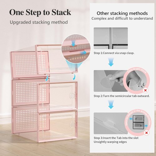 Kuject X-Large Clear Plastic Shoe Storage Boxes - Stackable 12 Pack for Sneakers & Toys | Pink