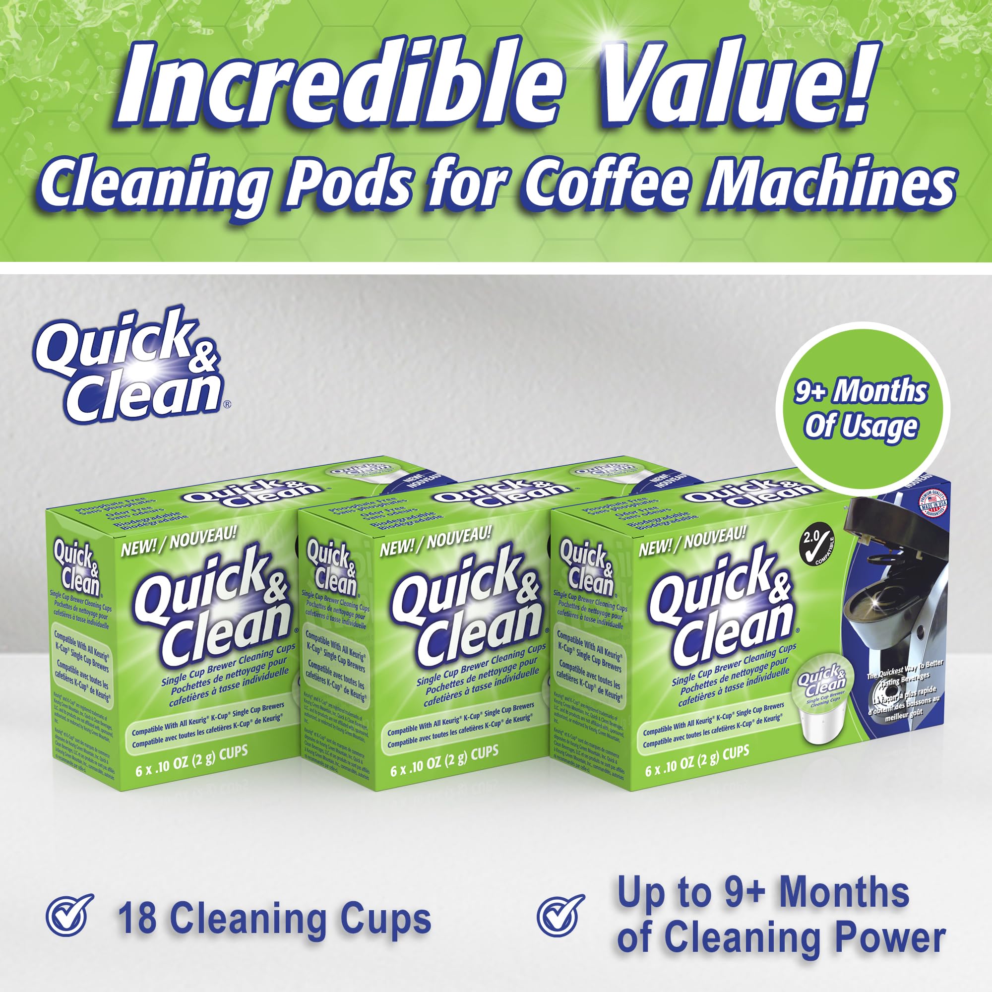 Quick & Clean [18-Pack] Cleaning Pods - K Cup Cleaner Pods for Keurig - 2.0 Coffee Machine Compatible, Removes Stains, Non-Toxic and Eco-Friendly