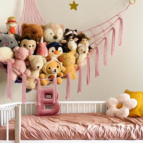 Mirolam Stuffed Animal Storage Hammock Net - Large Pink Toy Organizer for Baby Nursery Decor