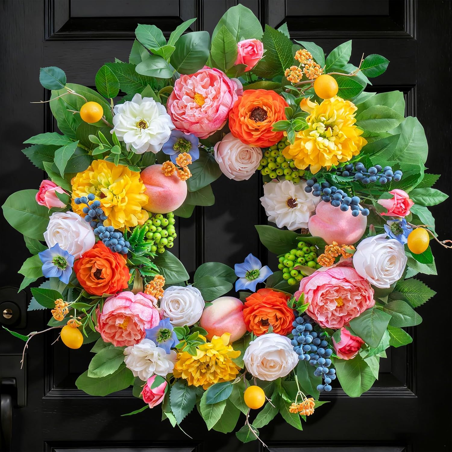 Pinkpuii 24-Inch Spring Wreath - Vibrant Peonies, Roses & Realistic Fruit Accents for Front Door Decor
