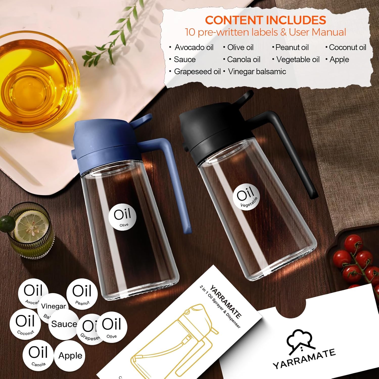 YARRAMATE Olive Oil Sprayer - 2Pcs 16oz Glass Dispenser with Portion Control | Food Grade Kitchen Gadget (Black & Navy)