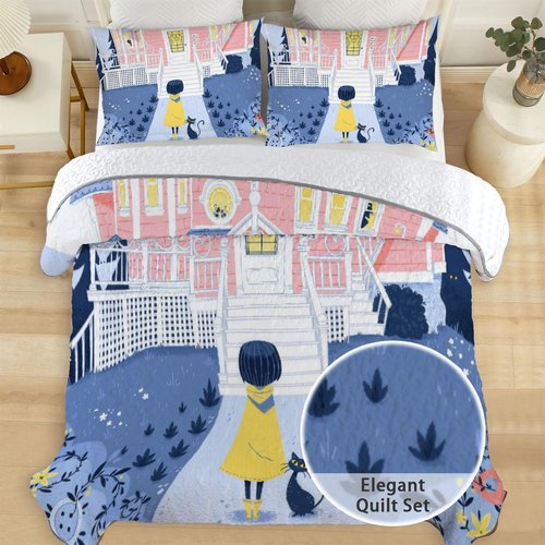 Allenjoy King Size Mysterious Girl Quilt Bedspreads Button Princess Bed Set Bedding Coverlet Fabric Washable with 2 Pillowcases SC00214-007