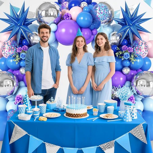 Blue Purple Silver Balloon Arch Garland Kit - Star Foil & 4D Round Balloons for Baby Shower & Birthday Party