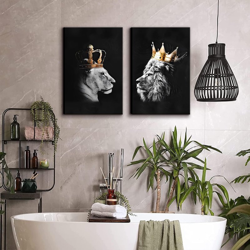 BJVJKSU Black and White Lion Wall Art - King and Queen Lioness Canvas Wall Decor with Gold Crown - Wild Animal Couple Prints Ready to Hang (16x24in)