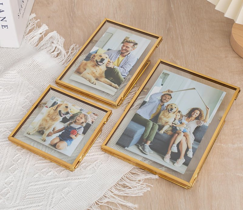 Jajamy Set of 6 Gold Glass Floating Picture Frame, Glass Pressed Flower Frames Collection, 4"x 4", 4"x 6", 5"x 7" Gold Picture Frame for Stand Tabletop Photo Display