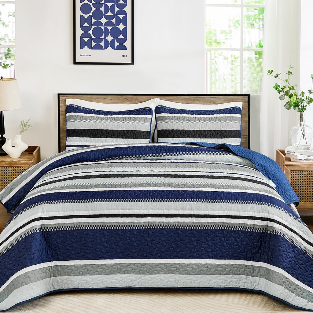 WONGS BEDDING Quilts Queen Size, Navy Blue Quilt Bedspread Bedding Set, Summer Queen Coverlet Sets with Shams, 3 Pieces Lightweight Striped Quilt for Bed(96"x 90")