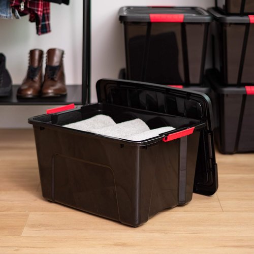IRIS USA 40 Qt Stackable Plastic Storage Bins - BPA-Free, Durable Organizing Solution, 4 Pack - Black