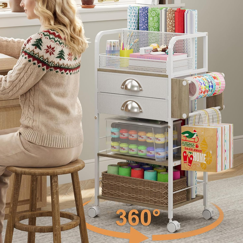 Rolling Craft Storage Cart - Multi-Tier Organizer with Lockable Wheels & 2 Fabric Drawers | 16.54x11.4x32.68 Inches