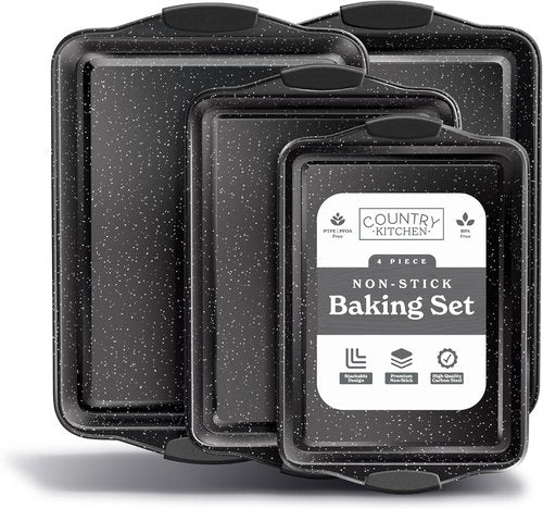 Country Kitchen Nonstick Bakeware Set - Heavy Duty, Easy Release, Stackable Design | Black, 4 Pieces