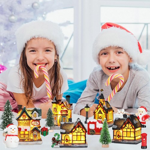 Liliful Christmas Village House Set - 46 Pcs Lighted LED Figurines for Holiday Decor | Rustic Desktop Ornaments