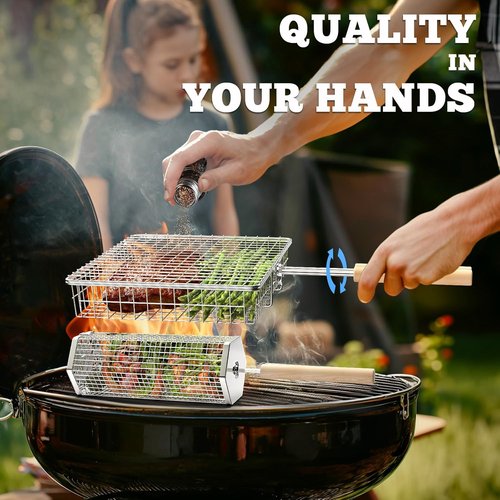 Ivtivfu Grill Basket Set - Removable Wooden Handle, 304 Stainless Steel BBQ Tools for Vegetables & Fish