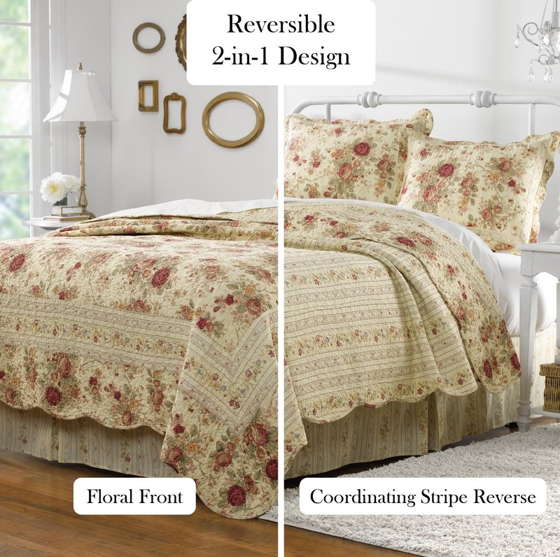 Greenland Home Antique Rose 100% Cotton Heirloom-Quality Quilt Set, 2-Piece Twin/XL, Ecru