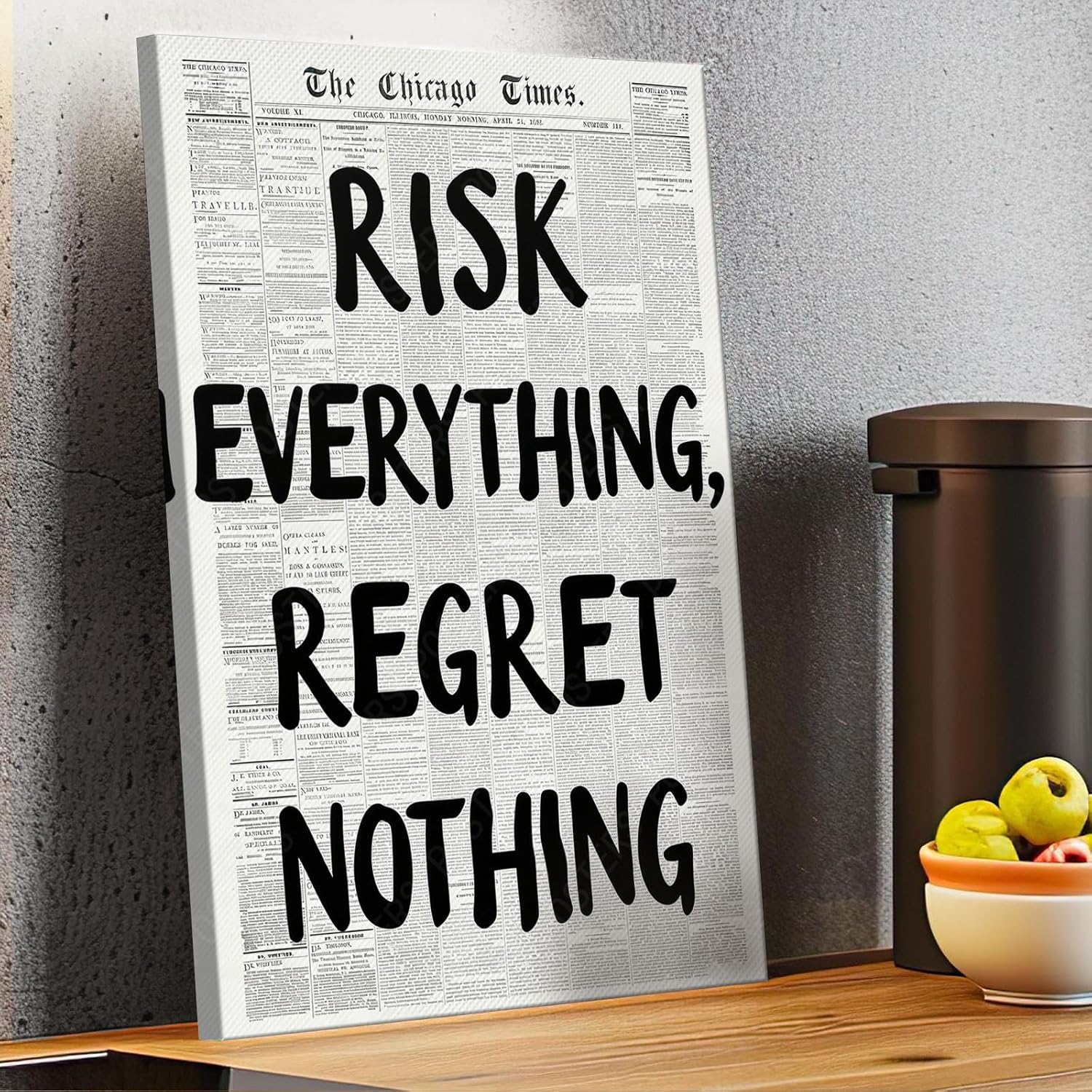 RISK Everything REGRET Nothing Canvas Wall Art - Retro Black & White Poster for Home Decor | 16x24 in Unframed