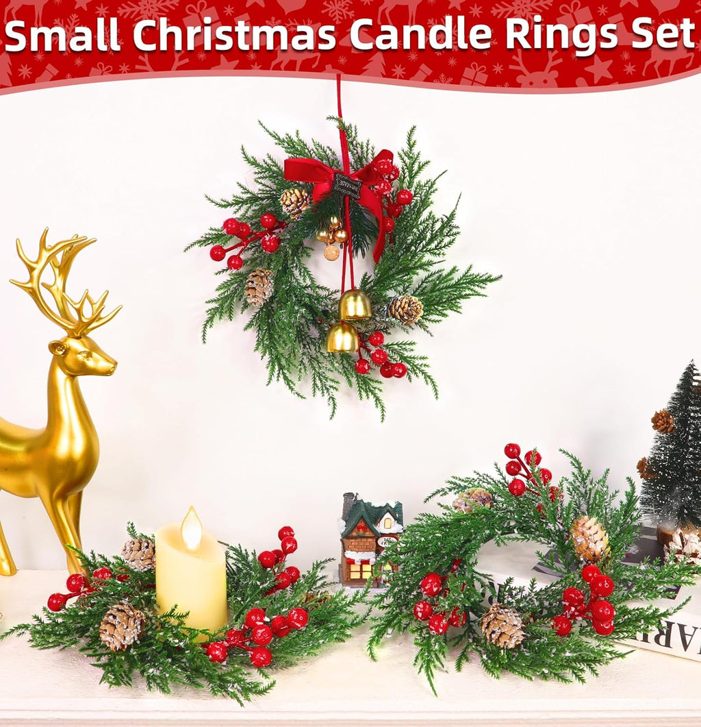 Skiennix 4 Pack Flocked Mini Christmas Wreath Candle Rings - 9"x3.5" Snowy Cypress Decor with Red Berries & Pinecones