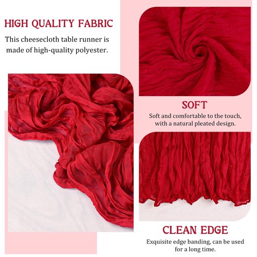 4 Pack 120 Inch Red Cheesecloth Table Runner Boho Rustic Gauze Sheer Romantic 10 FT Long Cheese Cloth Table Runner for Bridal Baby Shower Wedding Party Birthday Holiday Home Easter Decor