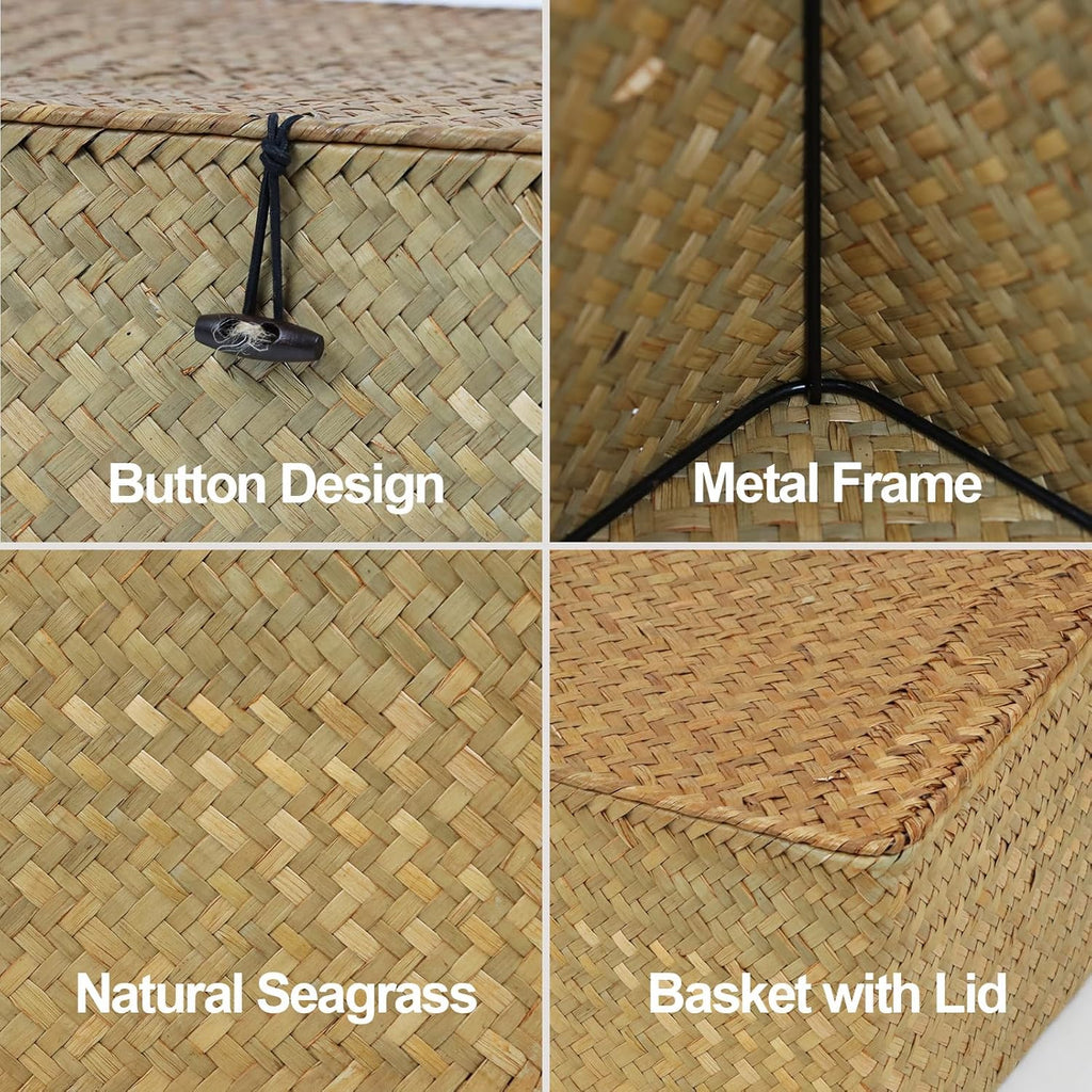 Wicker Storage Basket - Natural Seagrass Organizer with Lid | Rectangular Decorative Bin